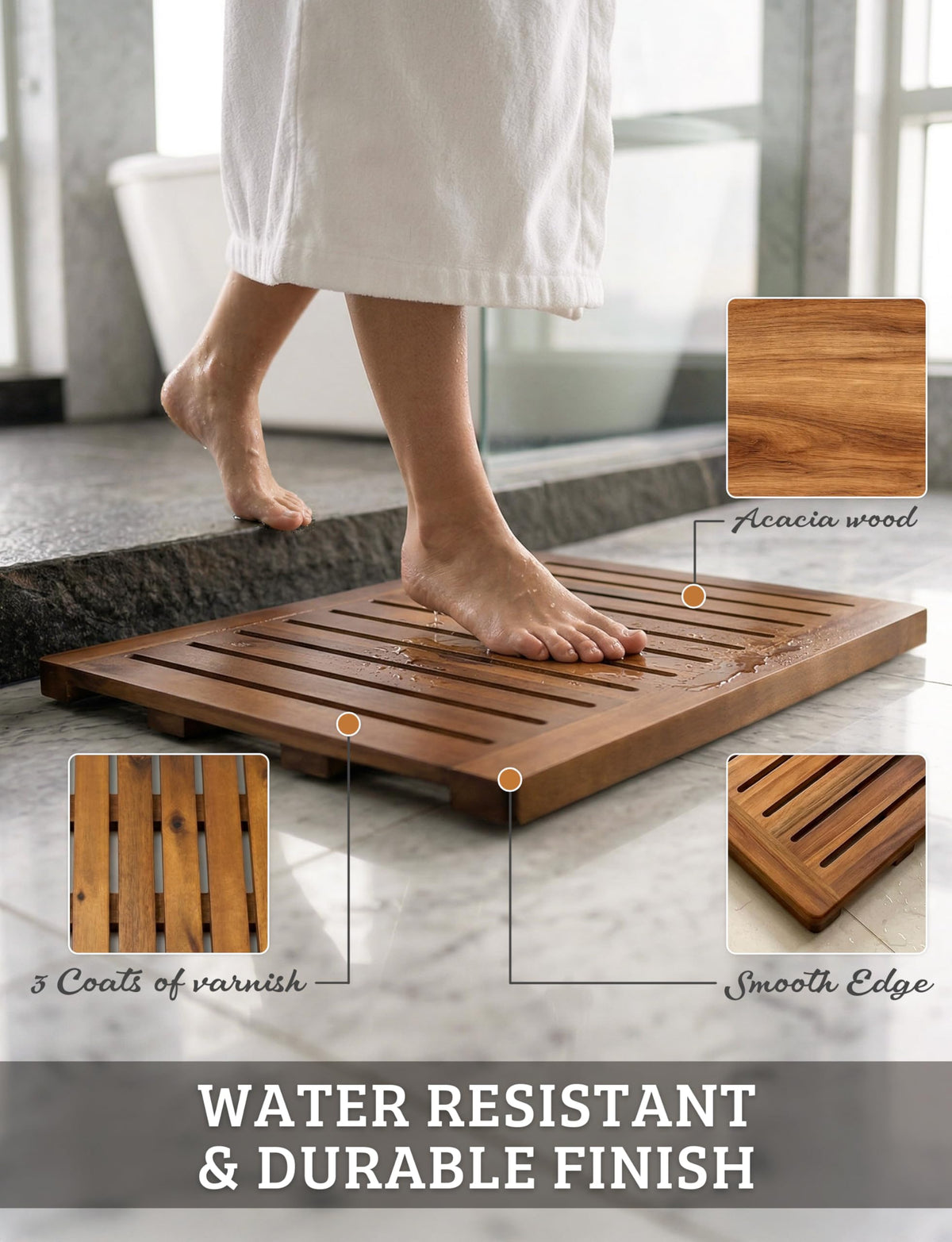 Demigo Acacia Wood Shower Mat drainage channel keeps water moving away from the surface.