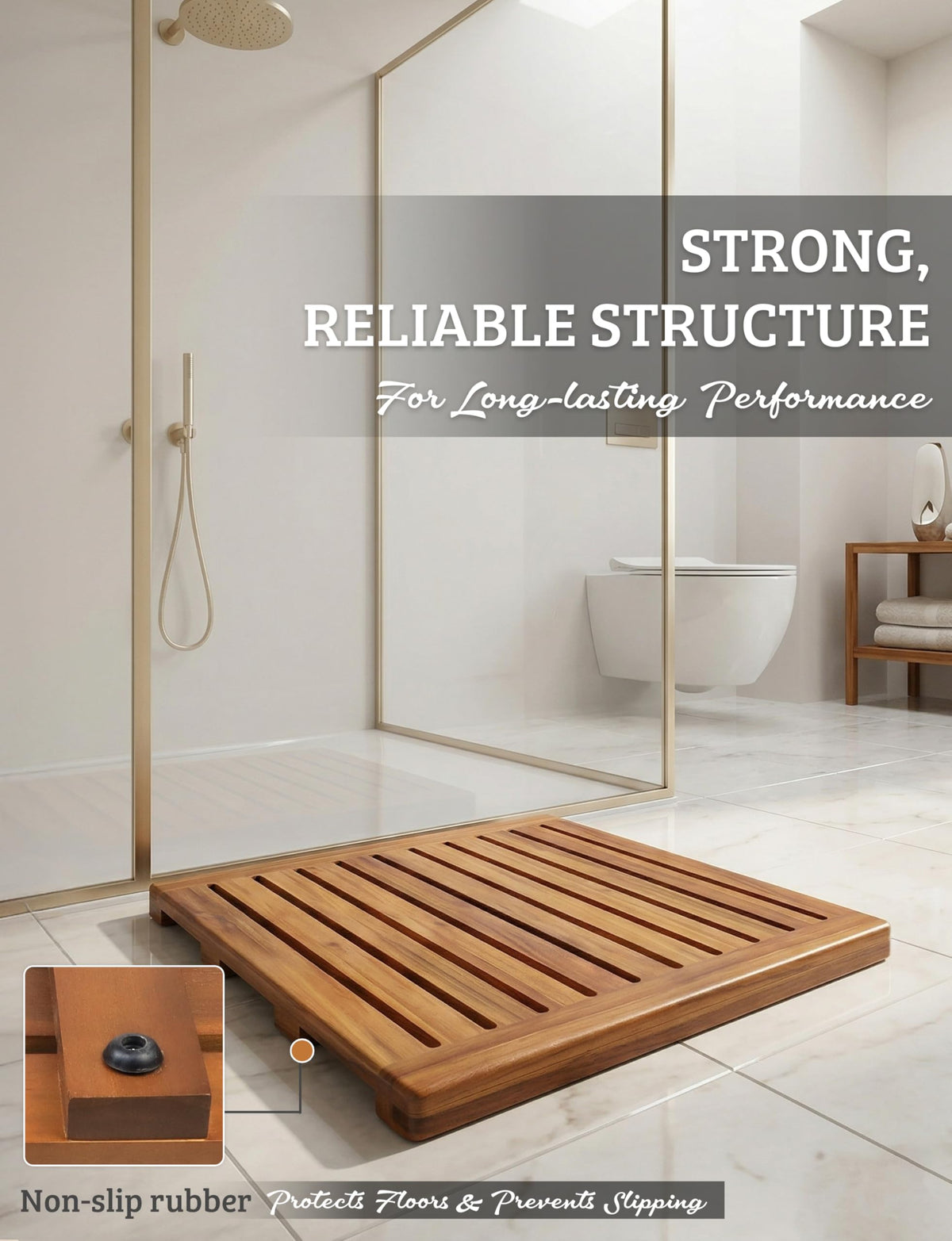 Demigo Acacia Wood Shower Mat suits bathroom, outdoor shower, poolside use.