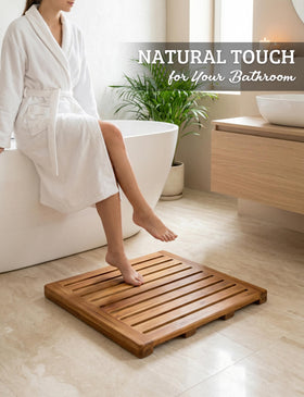 Demigo Acacia Wood Shower Mat with non-slip feet prevents slips on wet floors.