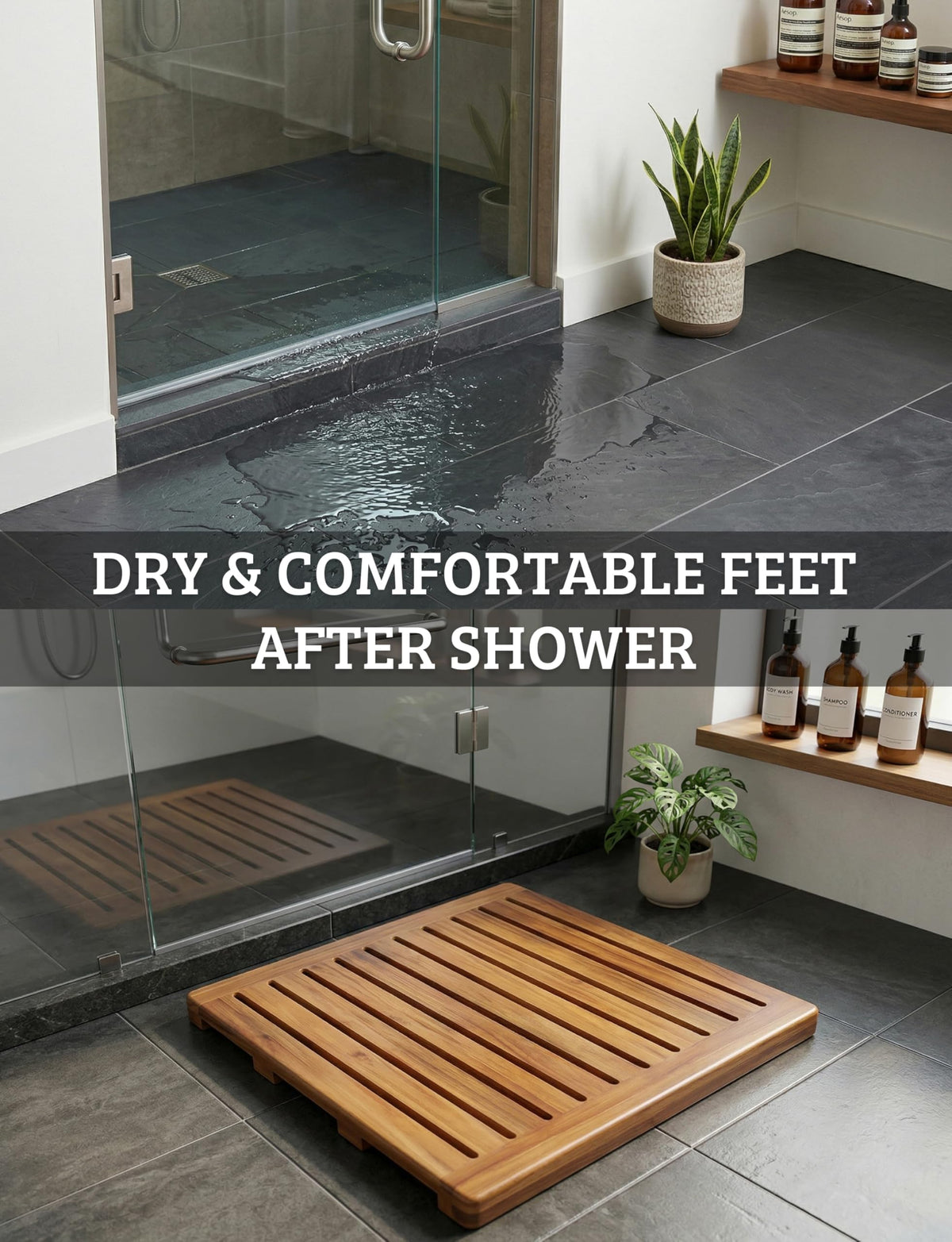 Demigo Acacia Wood Shower Mat termite-resistant construction for humid environments.