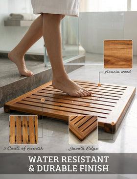 Demigo Acacia Wood Shower Mat has a varnished surface that resists scratches.