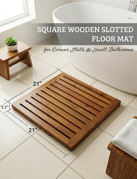 Demigo Acacia Wood Shower Mat features drainage channel for quick drying.