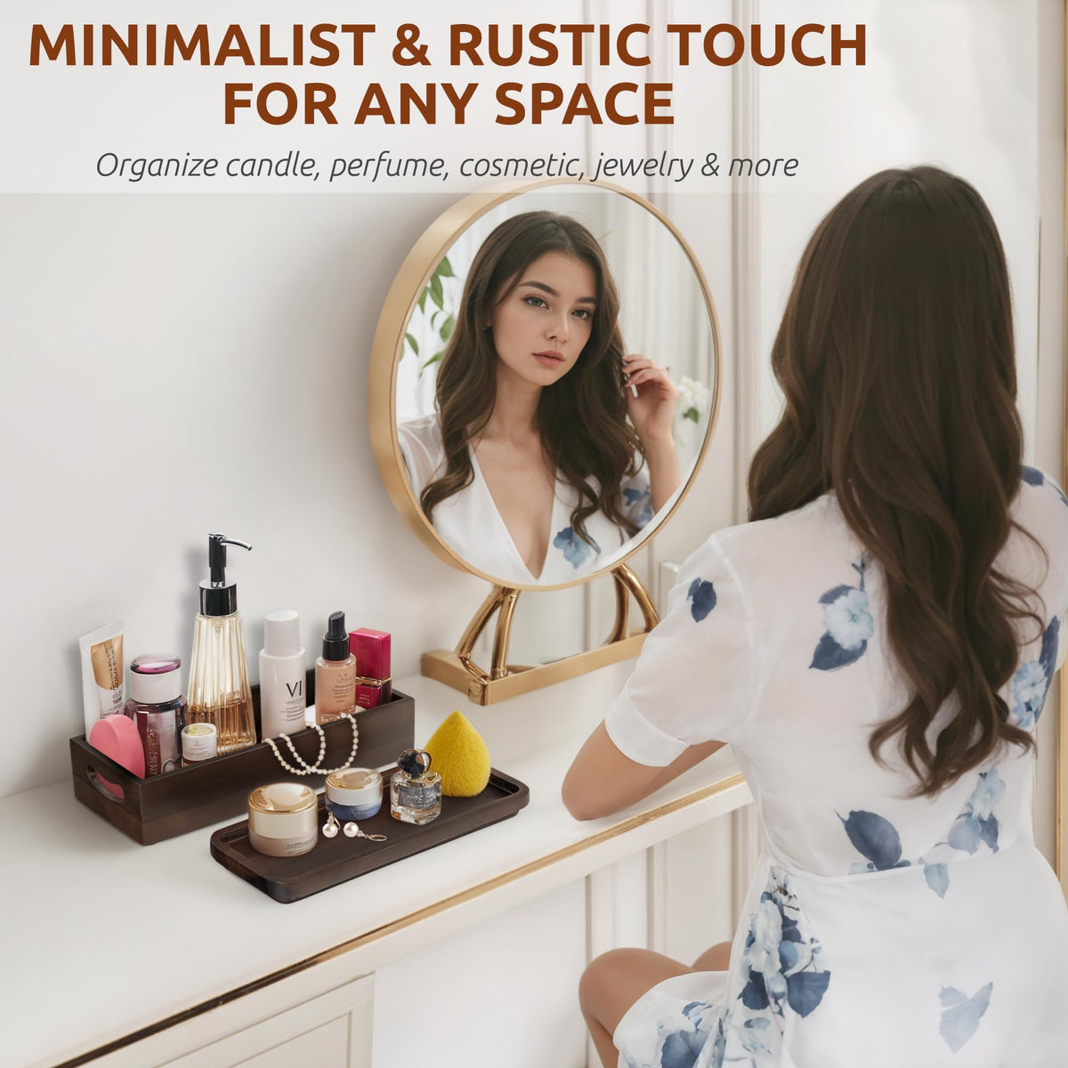 Demigo bathroom countertop organization keeps cosmetics accessible and neat.