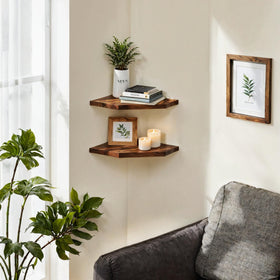 Demigo corner shelf two-pack offers space-saving storage for bedrooms or bathrooms.