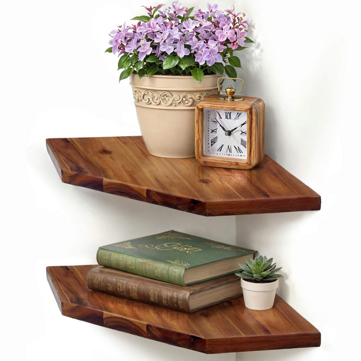 Demigo corner shelf wall mount close-up shows natural acacia grain and sturdy finish.