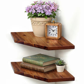 Demigo corner shelf wall mount close-up shows natural acacia grain and sturdy finish.