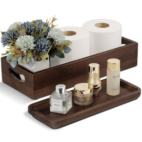 Demigo toilet tank basket topper in acacia wood adds organized charm to bathrooms.