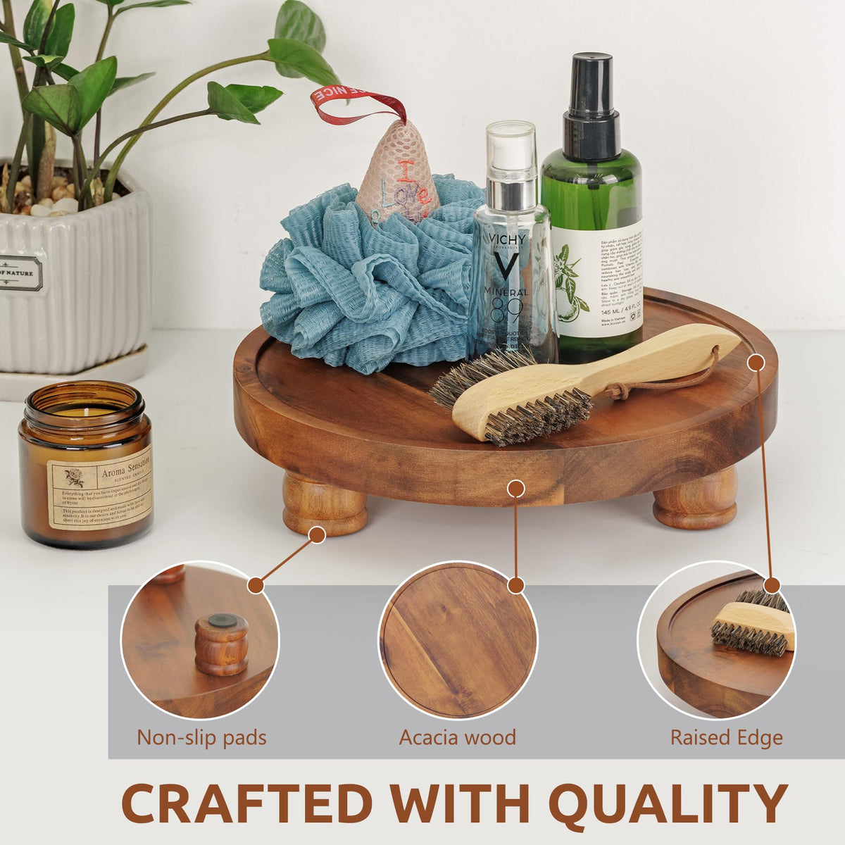 Demigo decorative pedestal elevates items on kitchen counters for easy viewing.