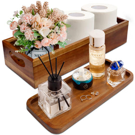 Demigo toilet tank basket topper in natural acacia wood.