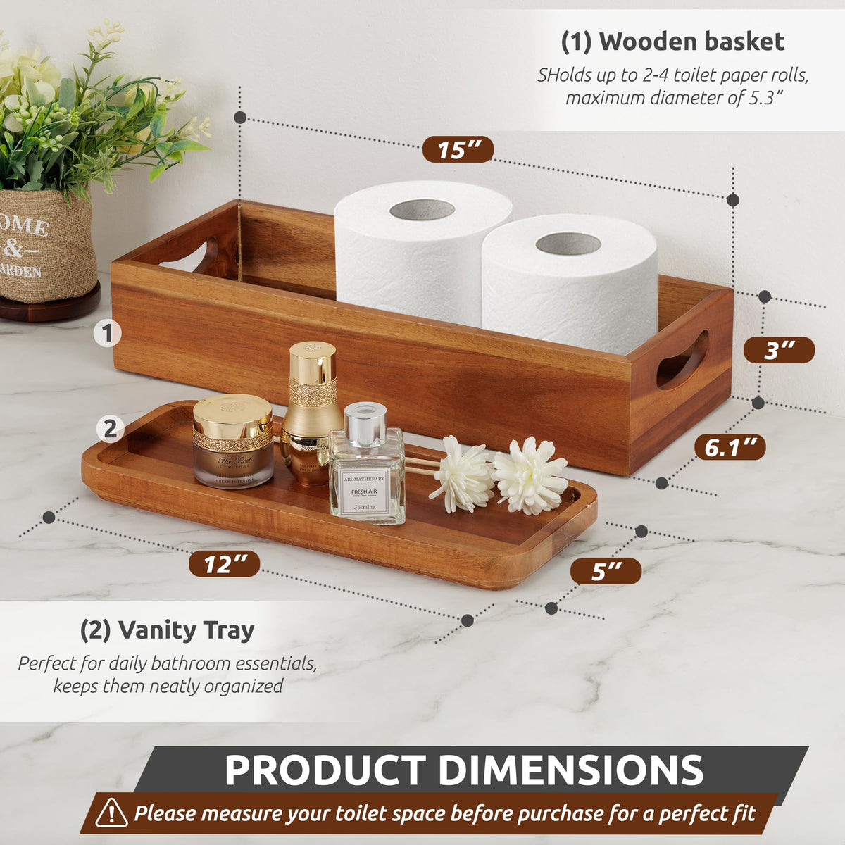 Demigo vanity tray 12-inch with warm acacia grain.