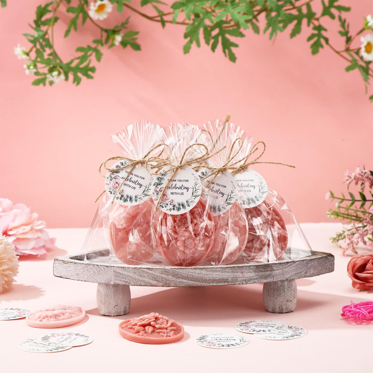 Demissle gift-ready soaps with white greeting card for guests.