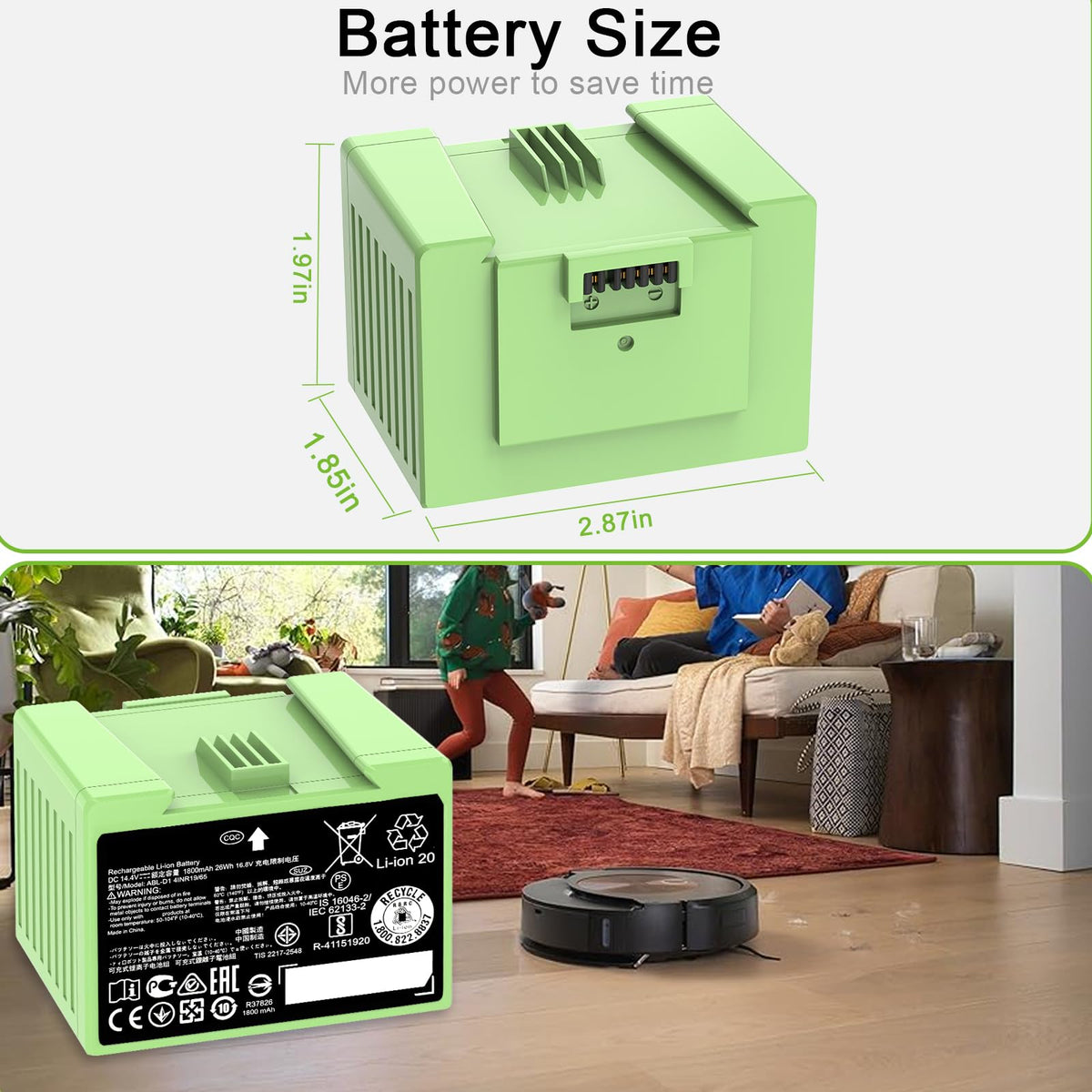 Label shows 14.4V and 1800mAh capacity for Roomba compatibility
