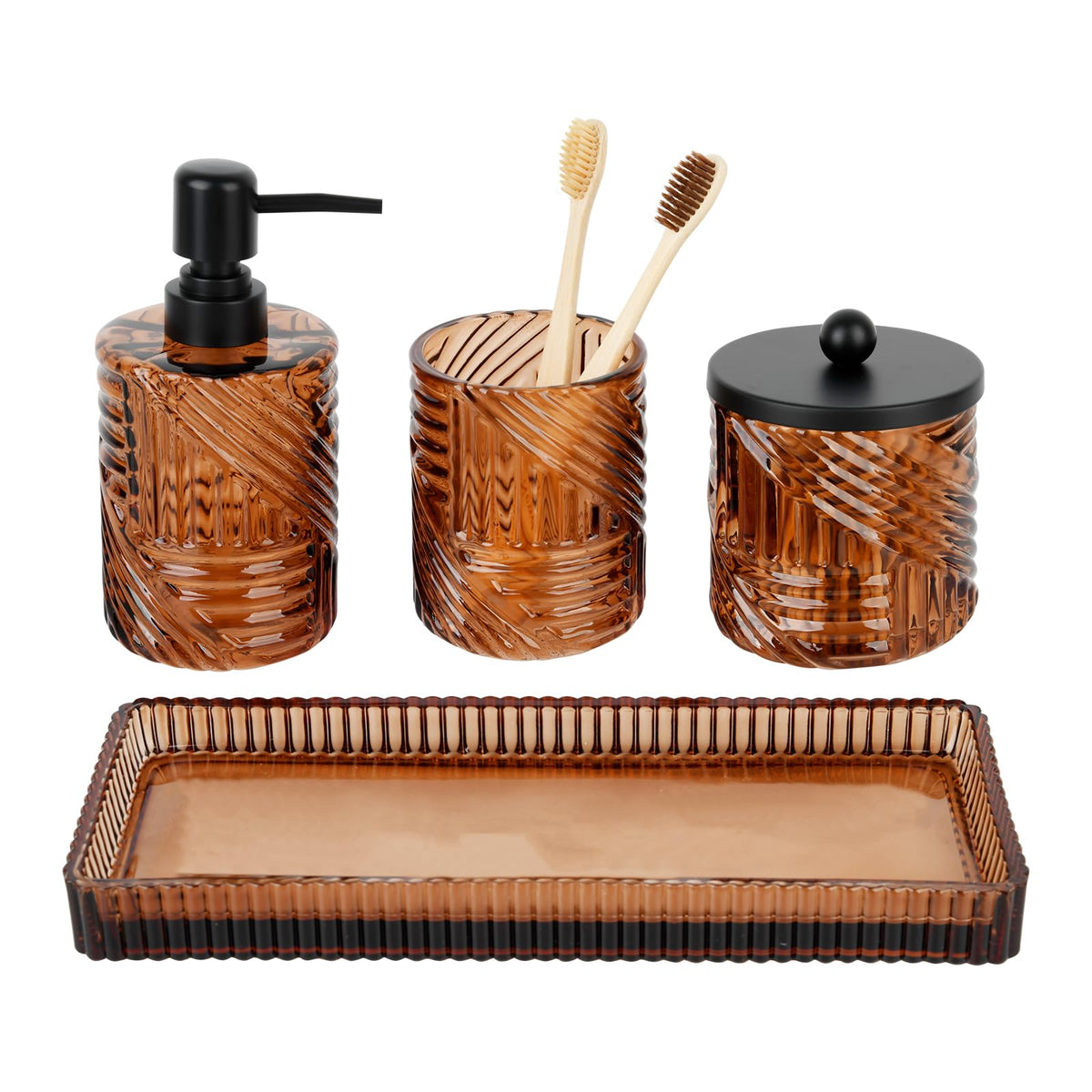 Deobath amber glass soap dispenser with a sturdy pump for daily handwashing.
