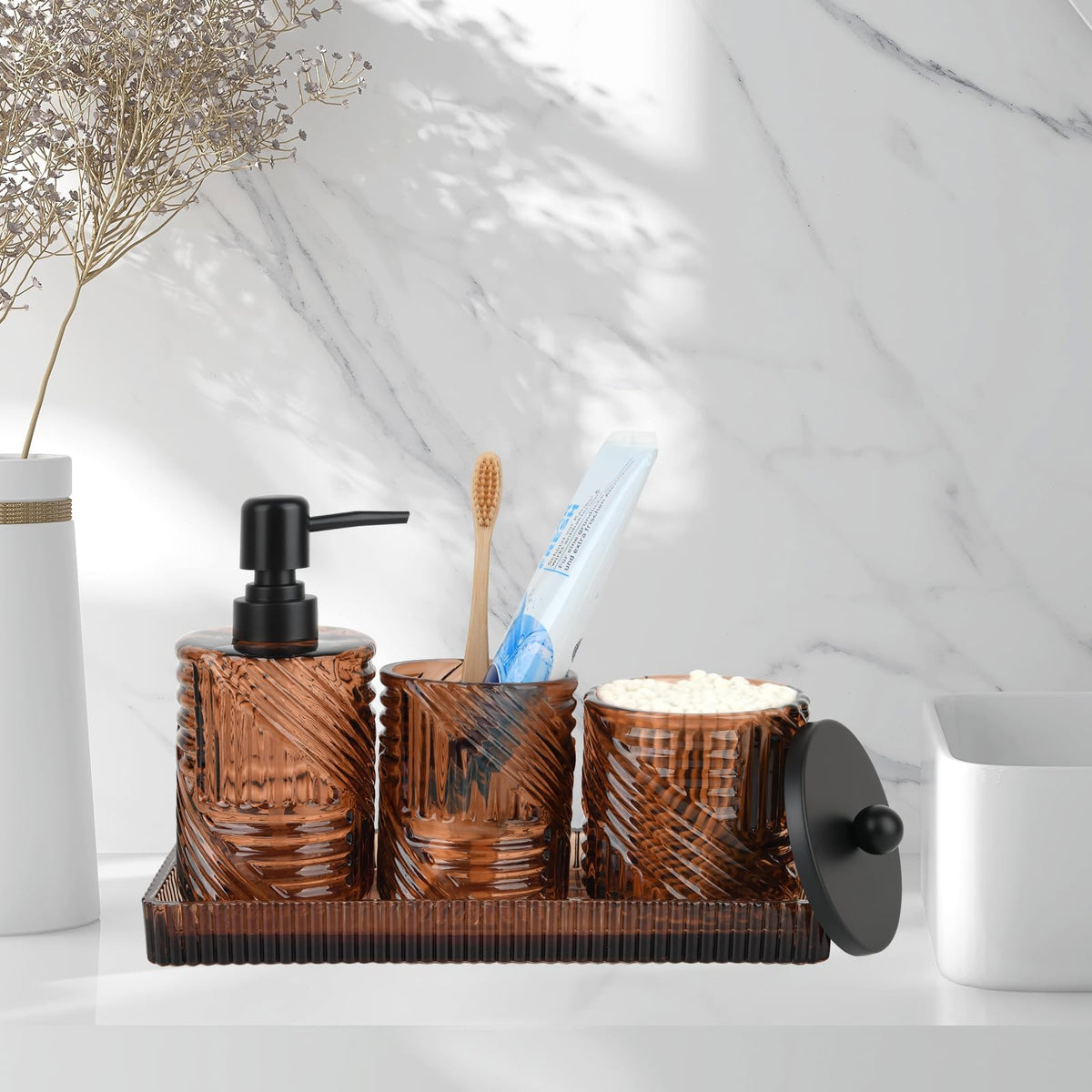 Deobath amber glass toothbrush holder keeps brushes organized on the counter.