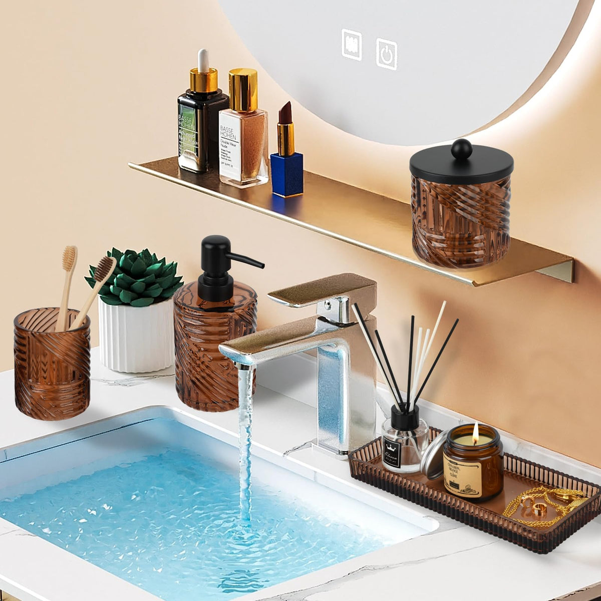 Deobath amber glass vanity tray organizes bottles and small items.