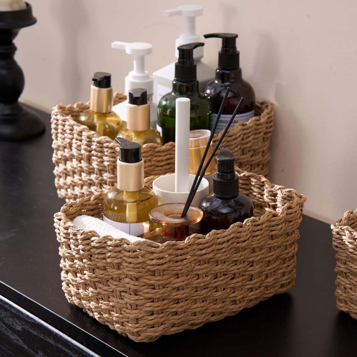 Deosur brown storage baskets on a shelf offer easy stacking and nesting