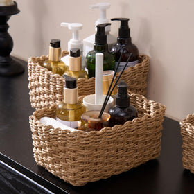 Deosur brown storage baskets on a shelf offer easy stacking and nesting