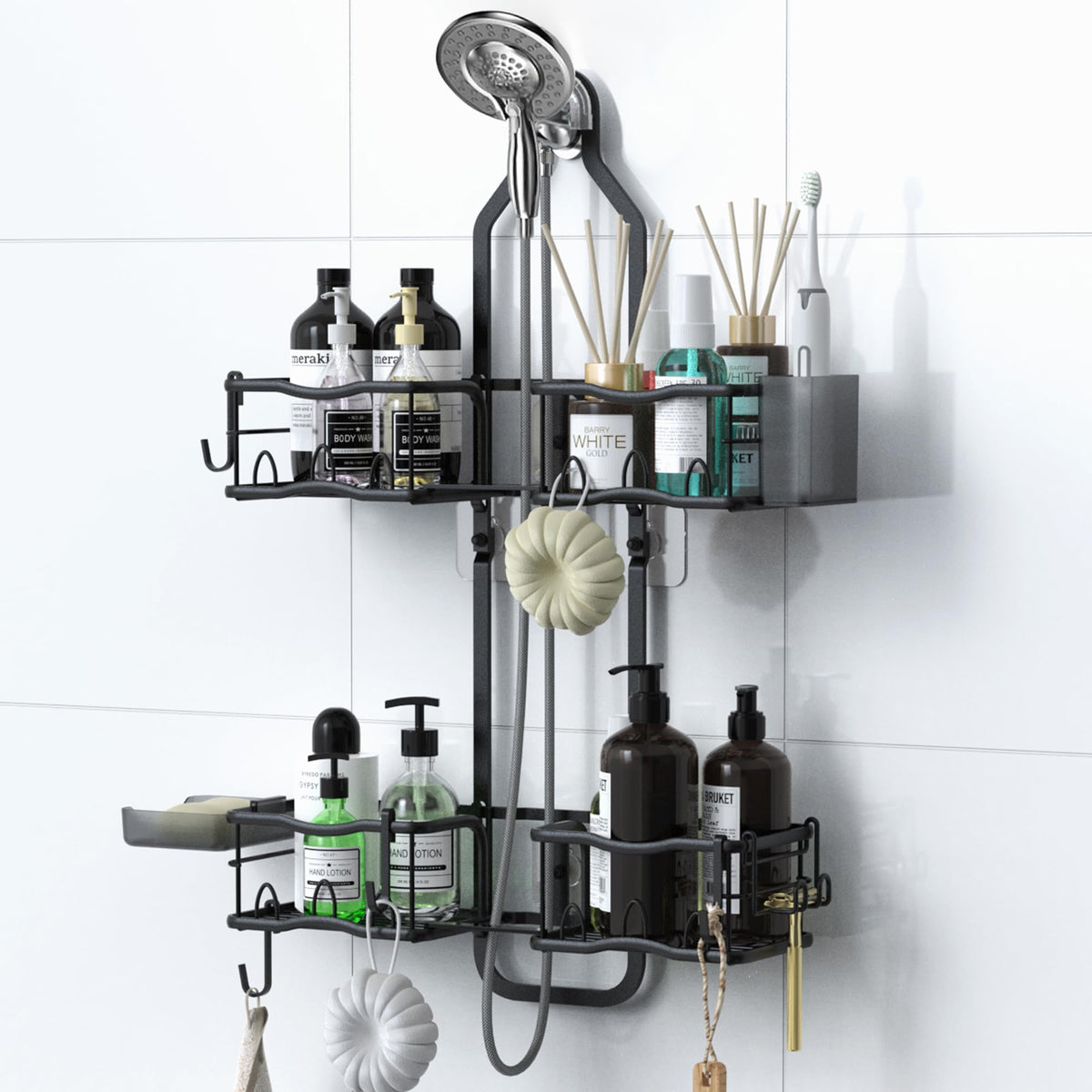 Depecal over-shower-head caddy assembly for easy reach and wall protection.