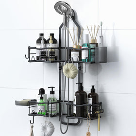 Depecal over-shower-head caddy assembly for easy reach and wall protection.