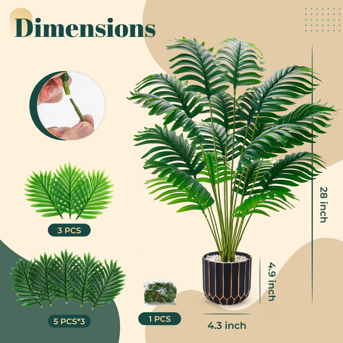 Der Rose 28-inch artificial palm on a shelf for scale and height