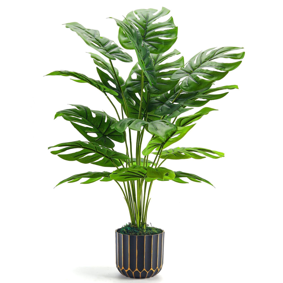 Der Rose 28-inch Monstera fake tree in a black-gold pot adds year-round greenery to your space.