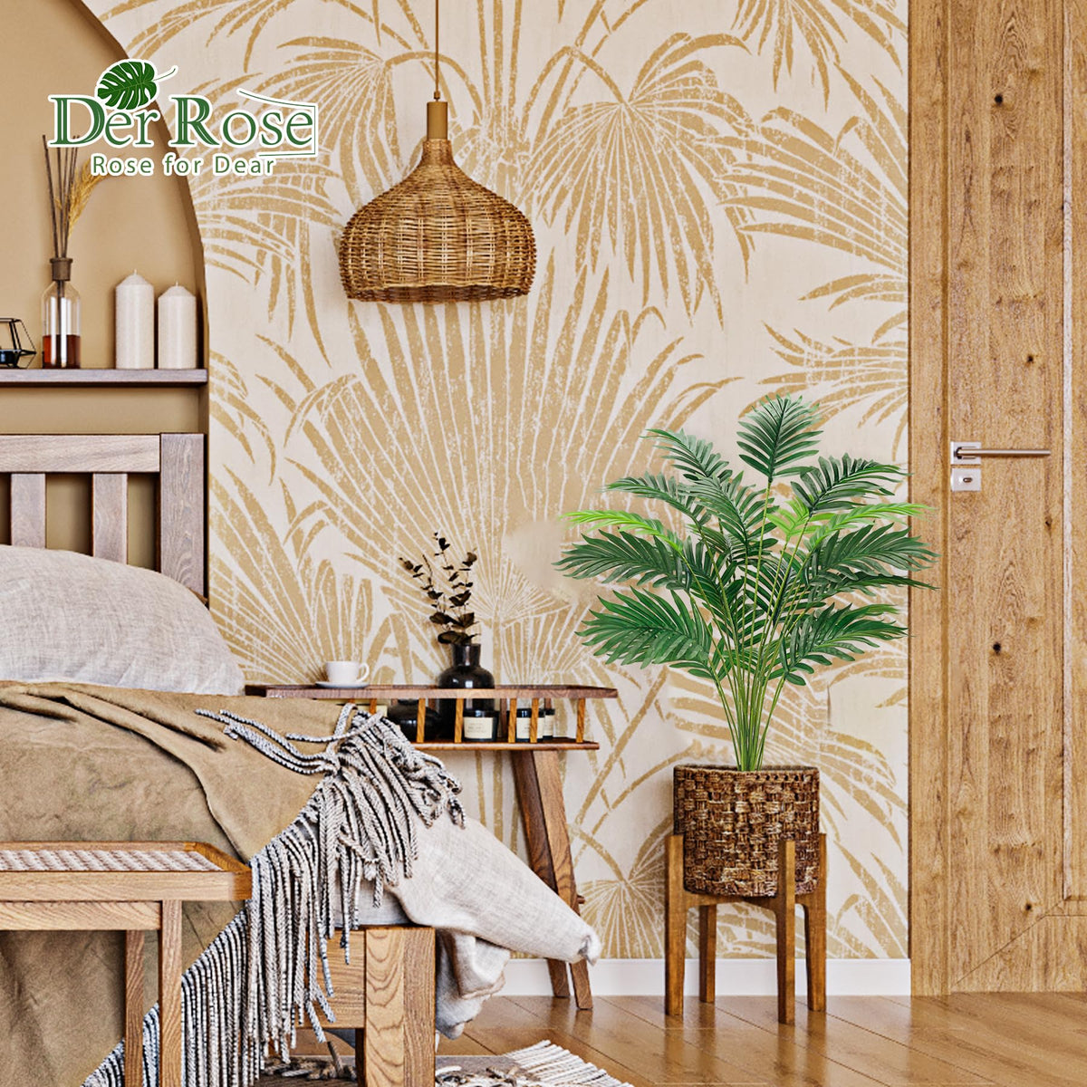 Der Rose palm outdoor placement suggests weather-friendly décor for porches.
