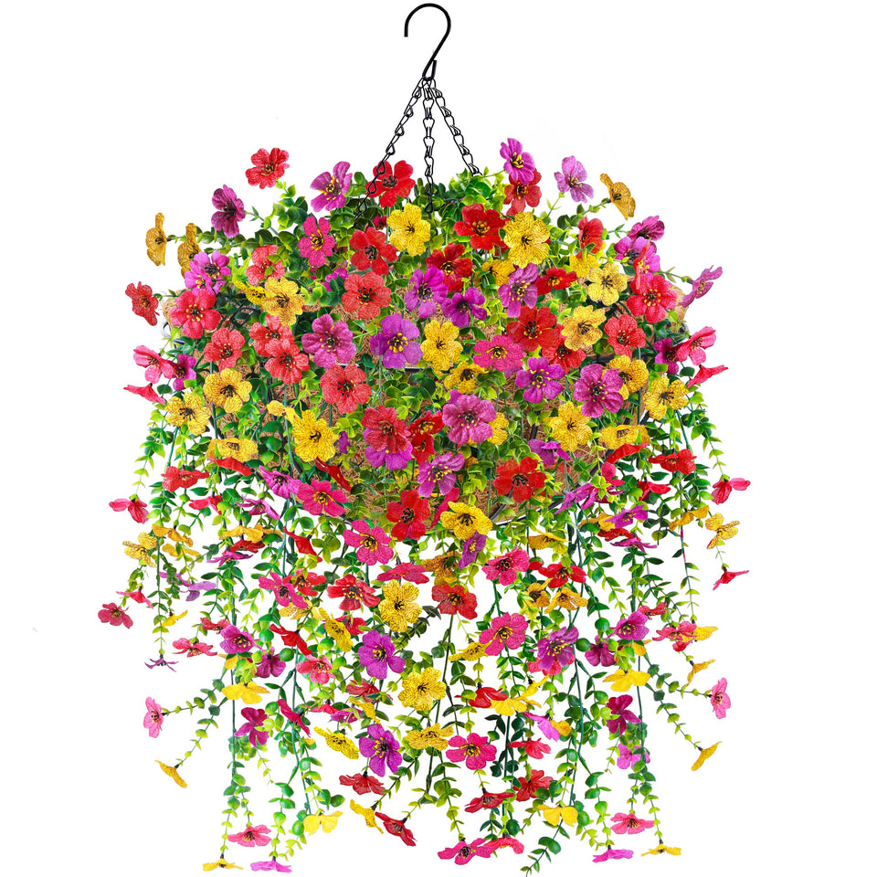 Der Rose artificial hanging flower basket outdoors with lush blooms for porch decor