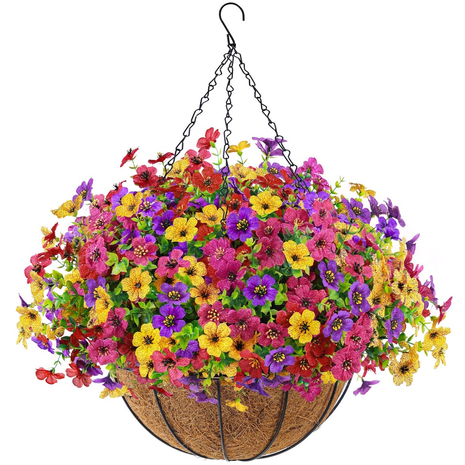 Der Rose artificial hanging flowers basket outdoors for year-round curb appeal.