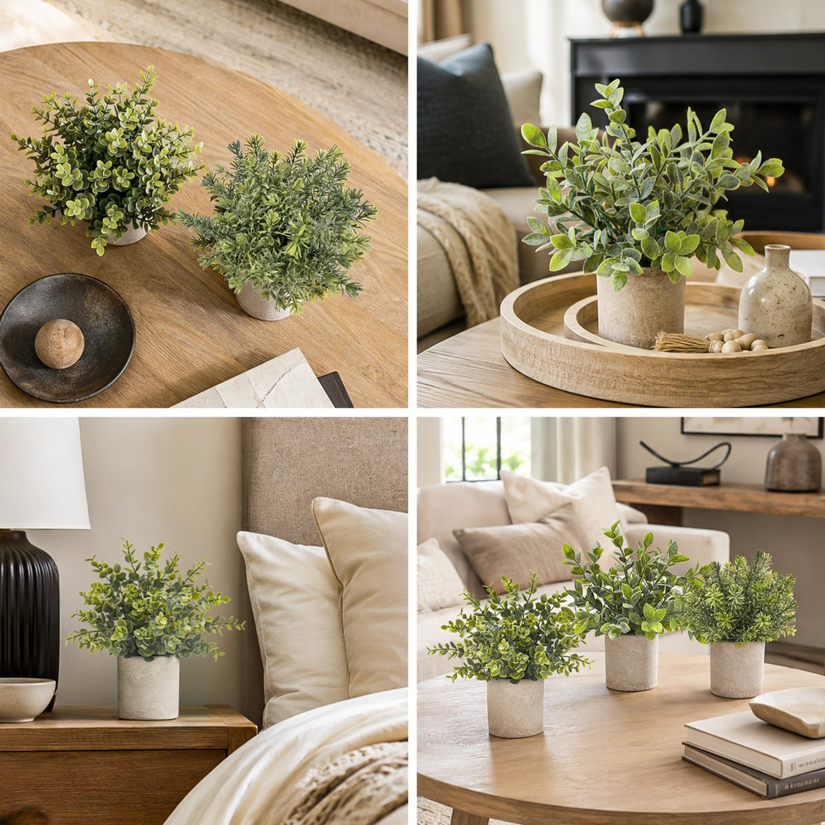 Der Rose bathroom counter decor with eucalyptus topiaries.