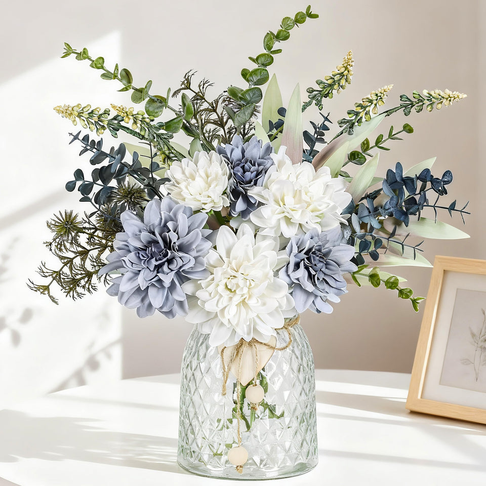 Der Rose navy blue dahlia silk flowers in vase for elegant home decor.