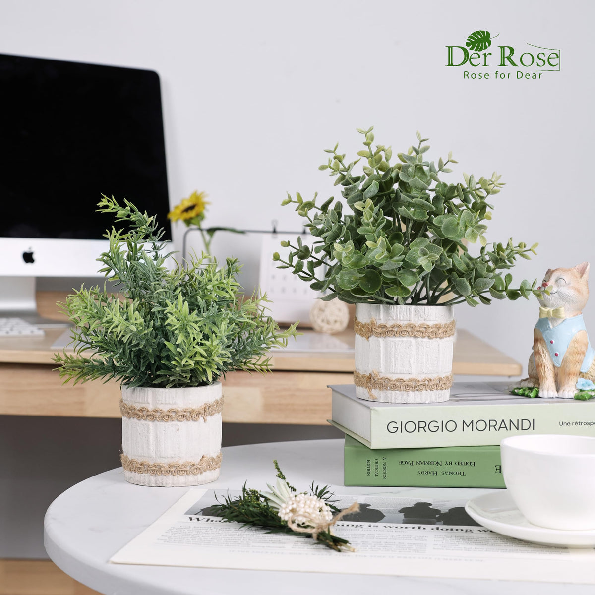 Der Rose artificial plant close-up of flocked leaves for realism.