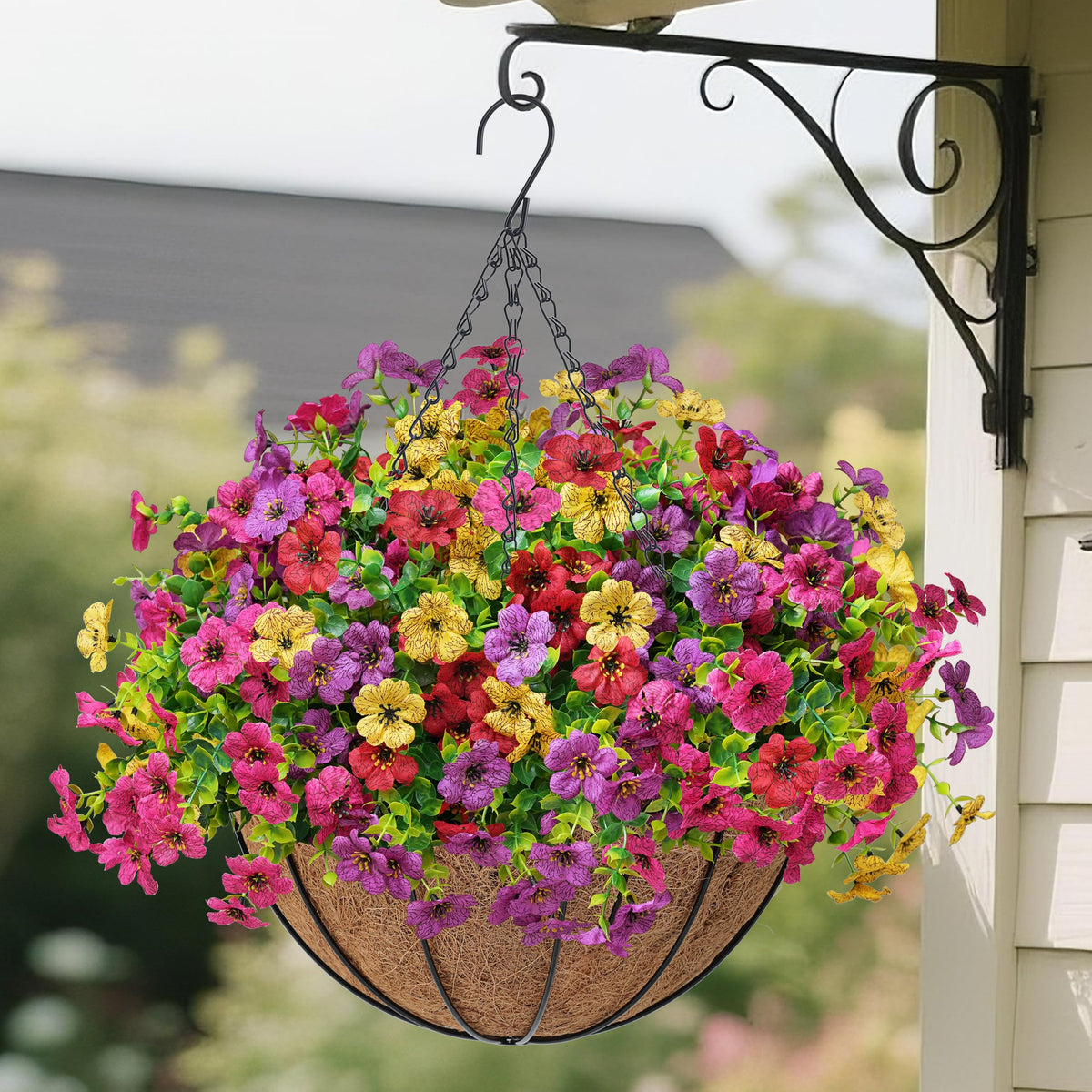 Der Rose faux hanging plants porch decoration adds vibrant color with minimal maintenance.