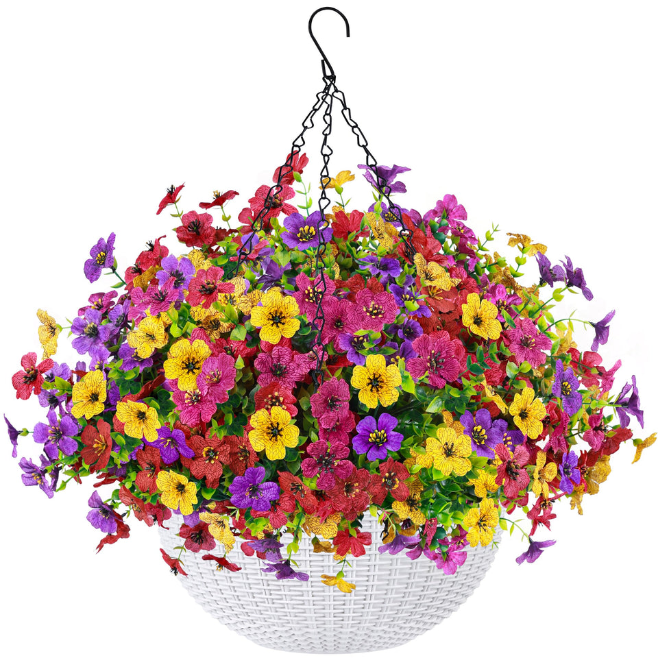 Der Rose hanging flowers basket outdoors with vibrant faux blooms.