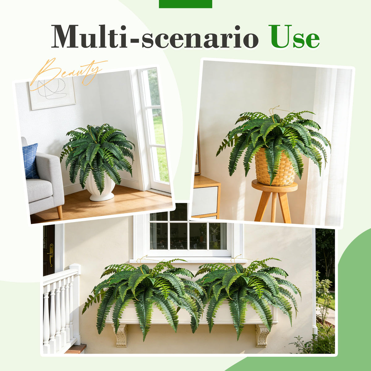 Der Rose indoor-outdoor fern display blends with modern decor.