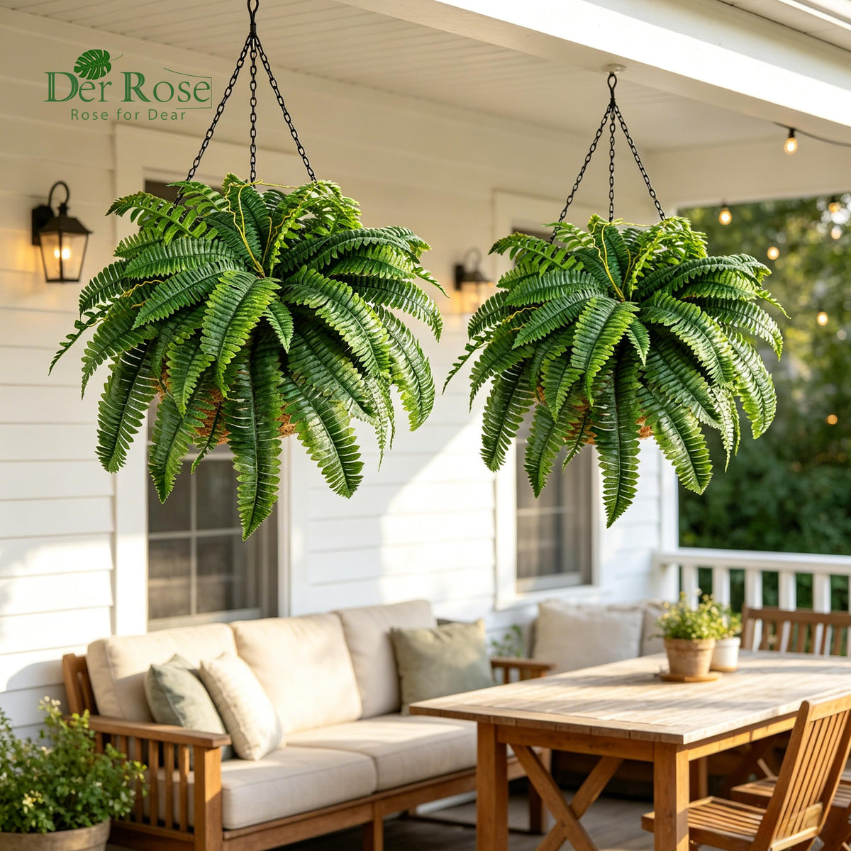 Der Rose porch-ready fern fits porch, patio, or hanging baskets.