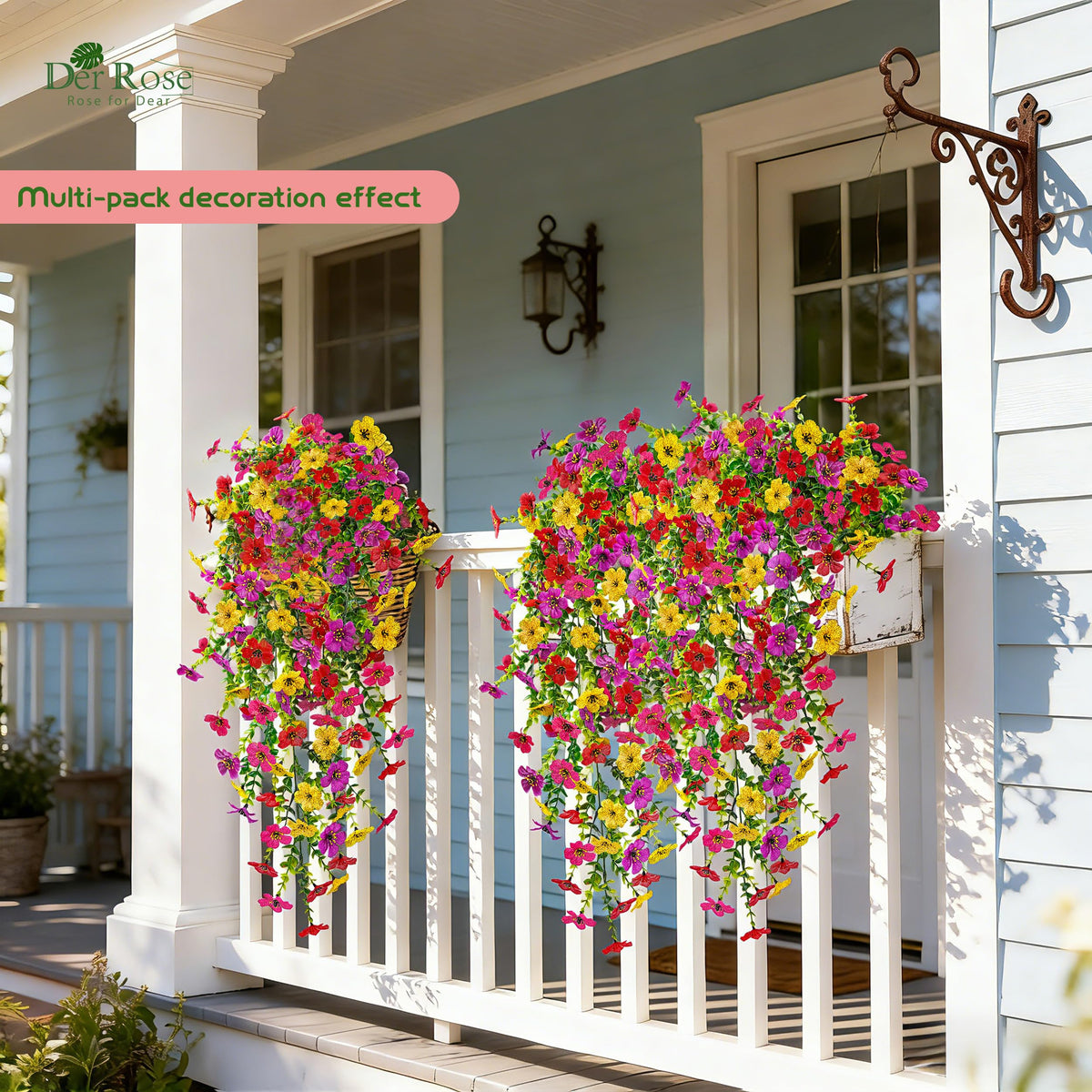 Der Rose faux daisies drape along porch railing for a natural cascading look.
