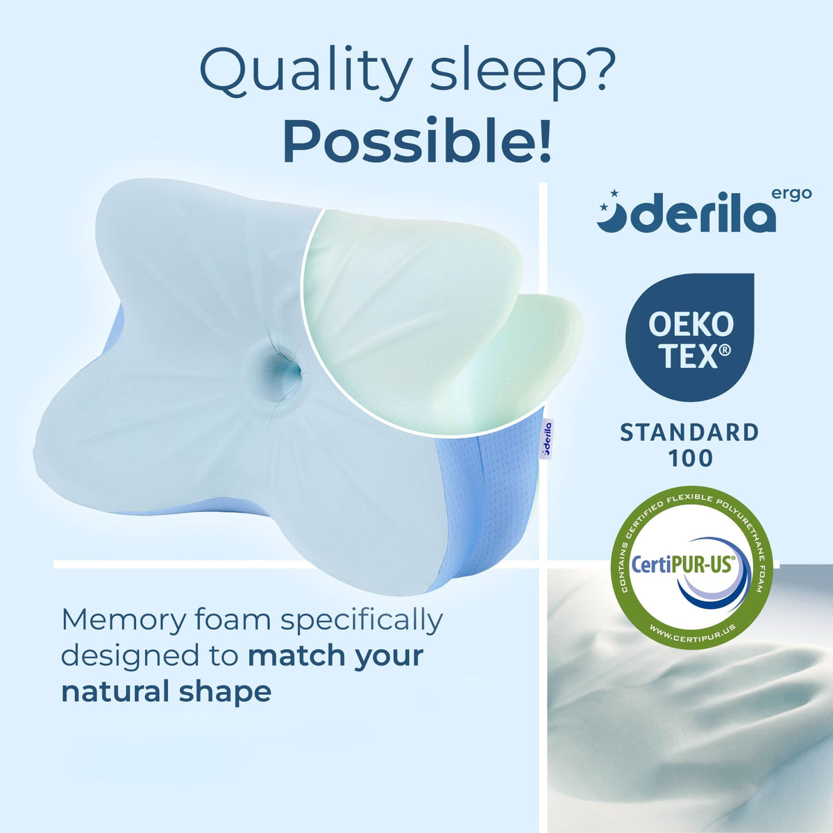 Derila Ergo ergonomic contour reinforces gentle cervical positioning during rest.