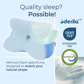 Derila Ergo ergonomic contour reinforces gentle cervical positioning during rest.