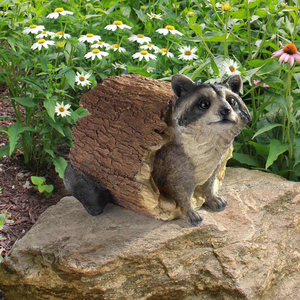 Raccoon tail detail of the Bandit statue adds realism to outdoor display.