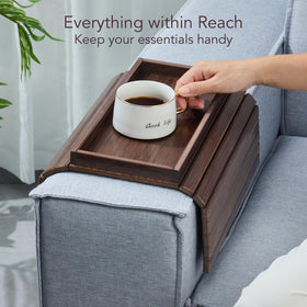 DETOR couch arm tray in walnut bamboo finish adds warmth to your space