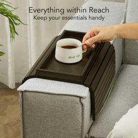 DETOR sofa arm tray in ebony bamboo finish elevates living room style.