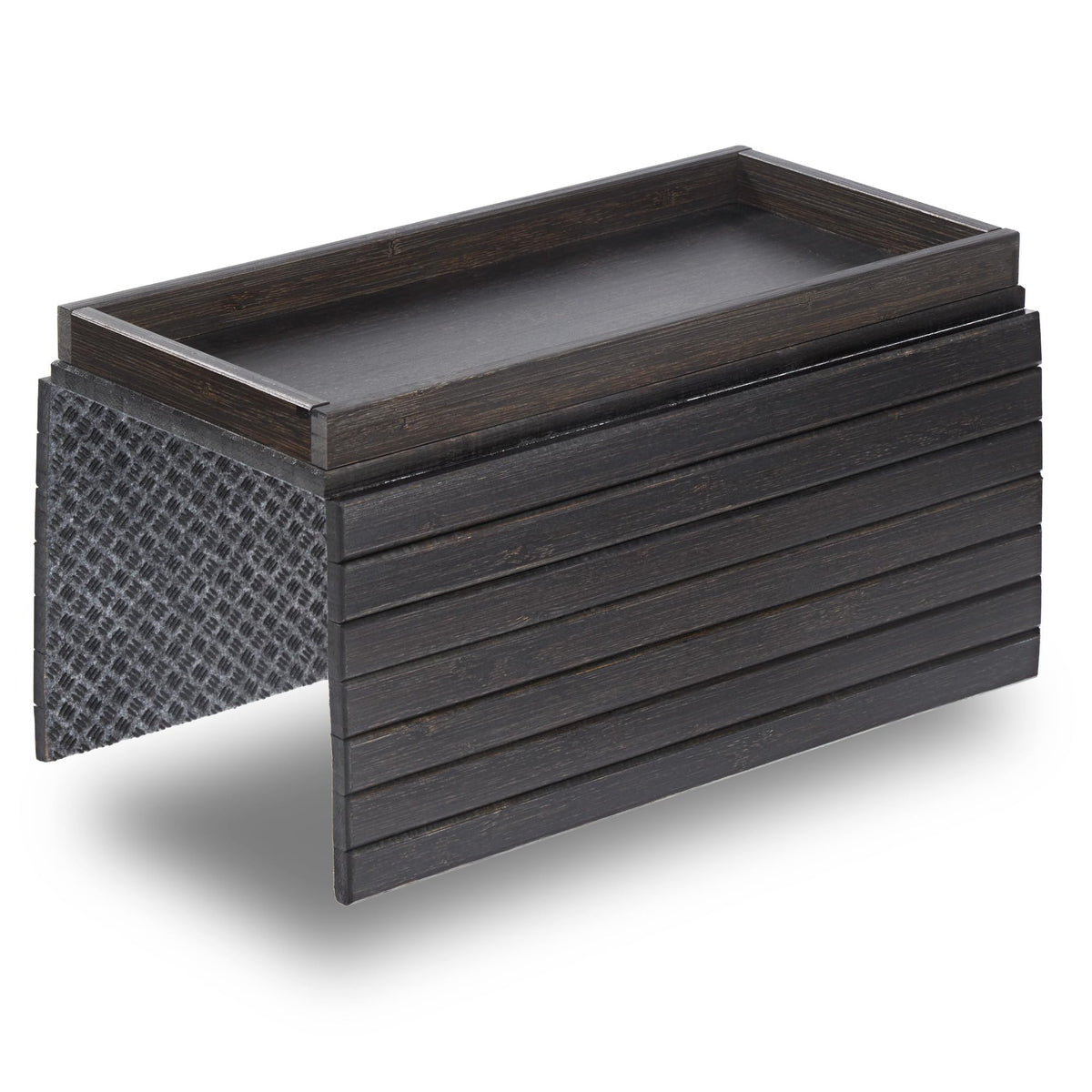 DETOR sofa arm tray shows spacious storage box for remotes and snacks.