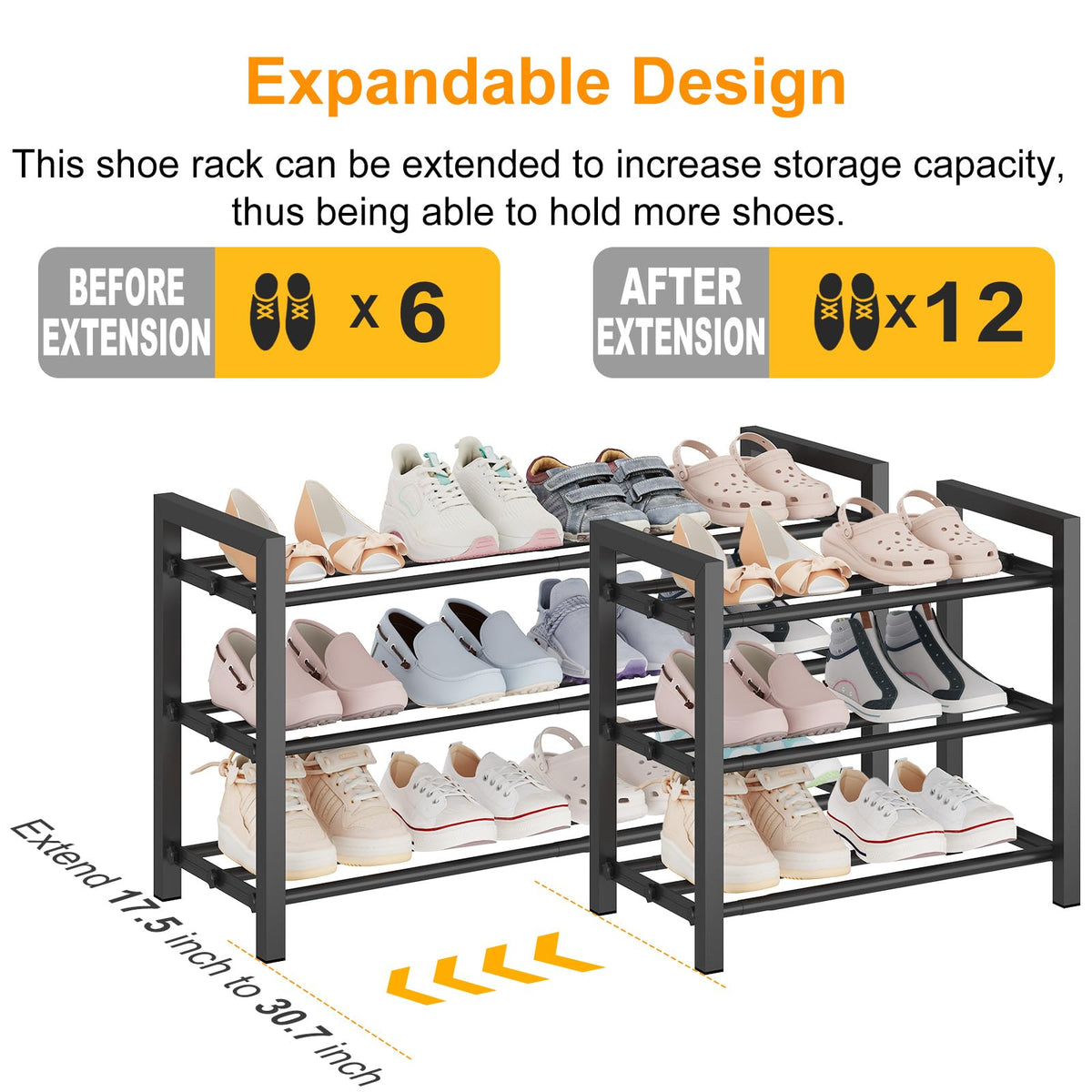 Detsuk 3-tier space-saving design keeps shoes visible and organized at a glance.