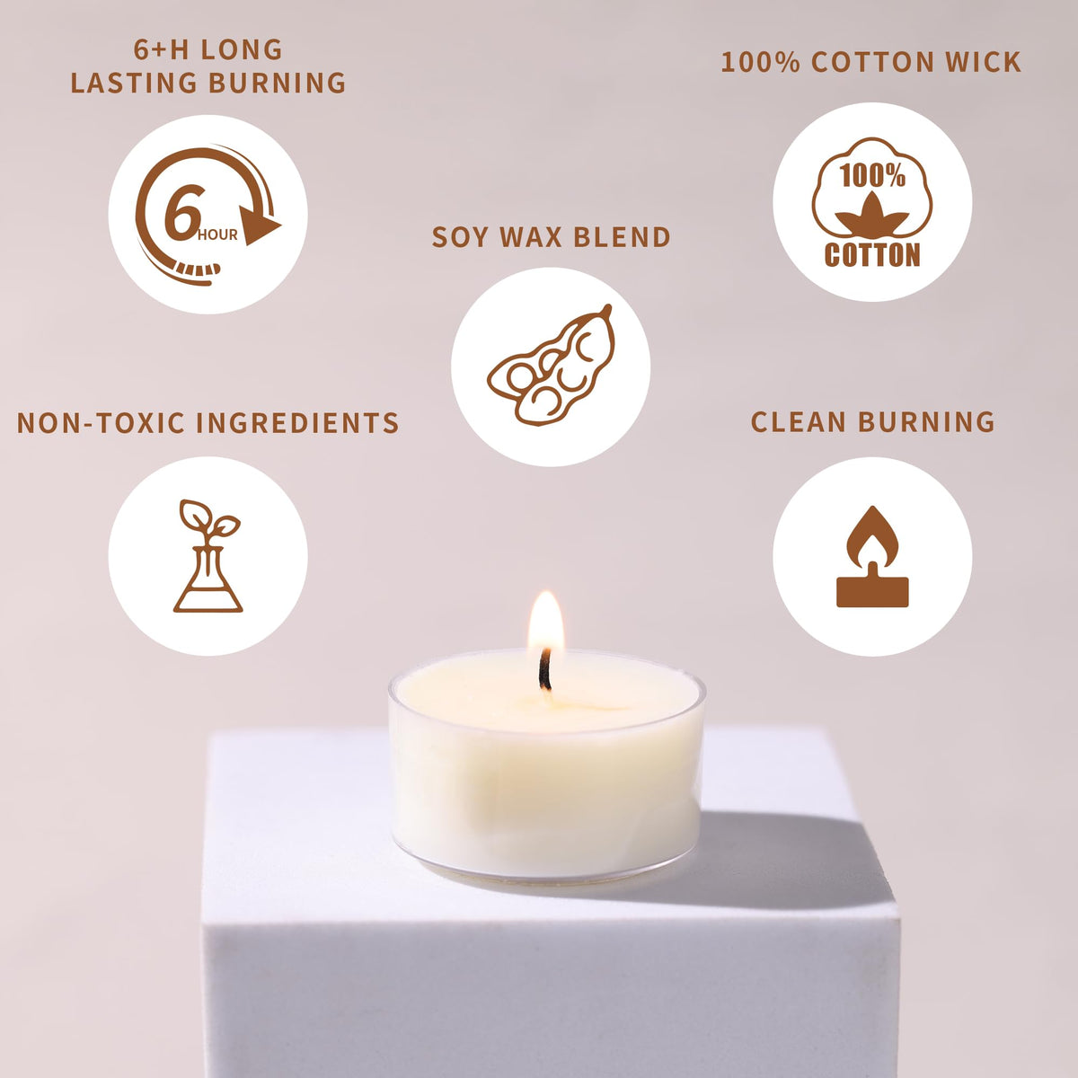 DEVI cotton wick tea lights deliver steady flame and clean burn.