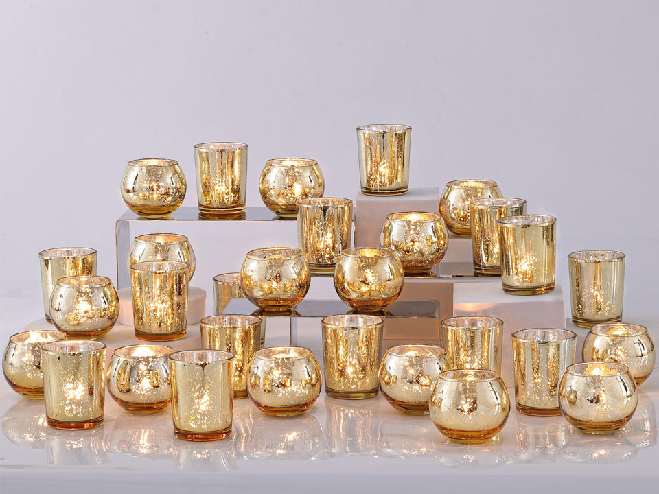 DEVI gold mercury glass votive holders with speckled finish for elegant centerpieces.