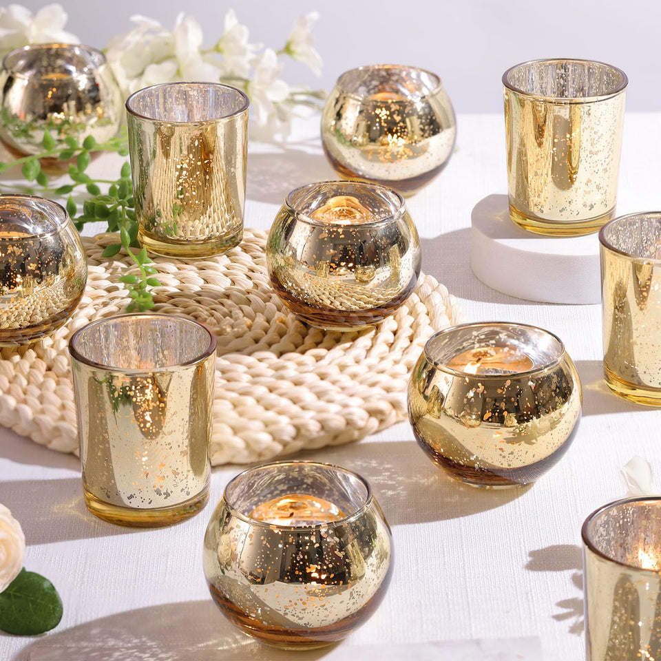 DEVI speckled mercury glass votives glow with warm ambience for weddings.