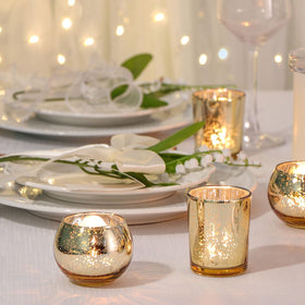 DEVI two shapes gold votive holders for mixed wedding centerpieces.