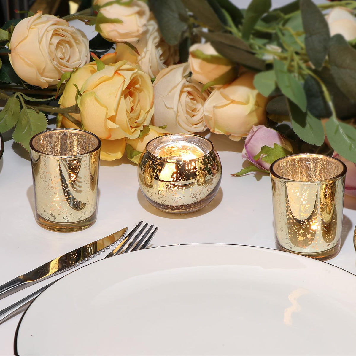 DEVI wedding decor mercury glass votives elevate any party setting.