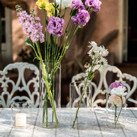 Devilfire glass vase displaying fresh flowers and dried arrangements