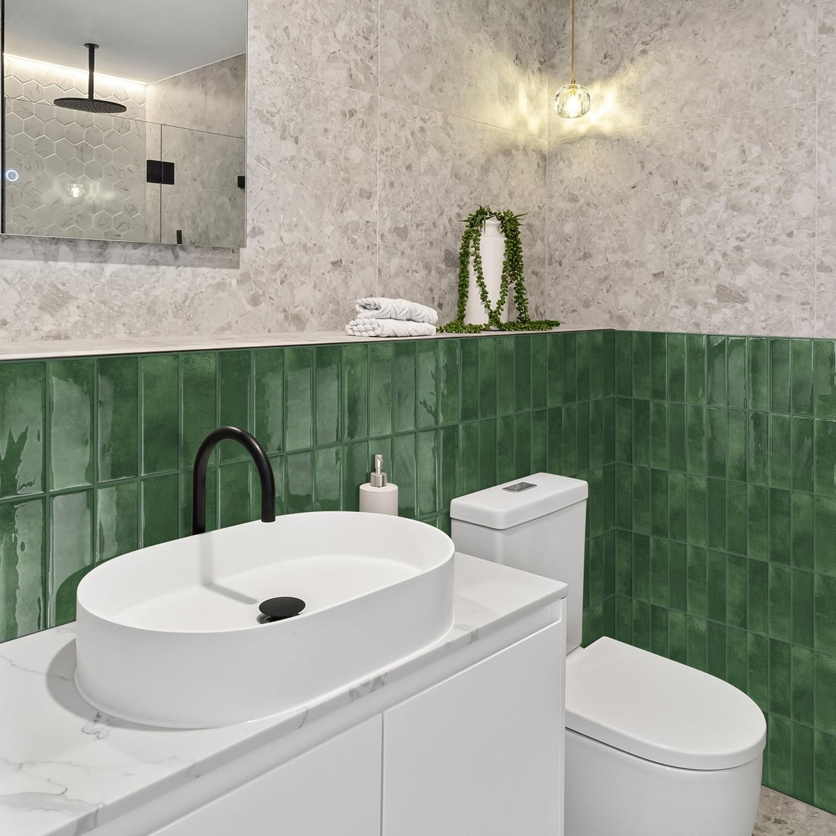 DEWOO 3D epoxy surface green subway backsplash adds depth.